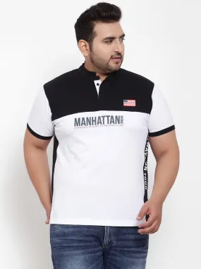 plusS Men White Colourblocked Henley Neck T-shirt