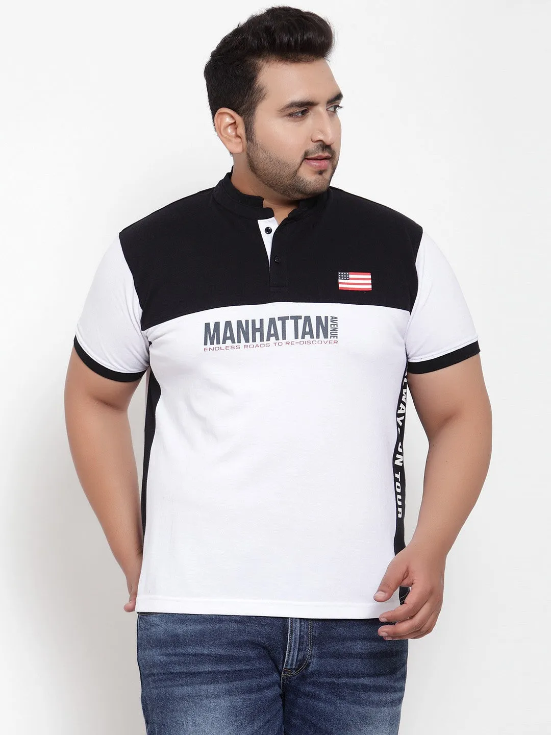 plusS Men White Colourblocked Henley Neck T-shirt