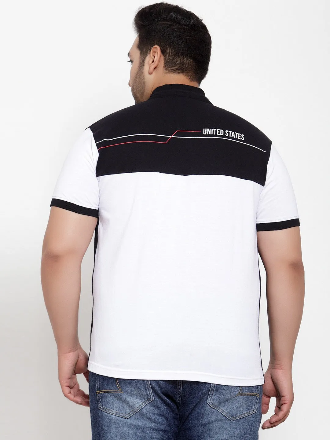 plusS Men White Colourblocked Henley Neck T-shirt