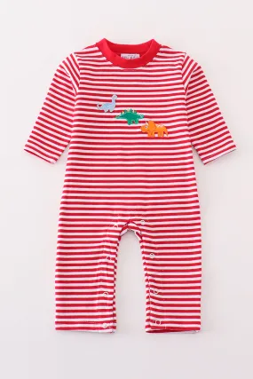 Premium Red Stripe Dinosaur Applique Girl Romper