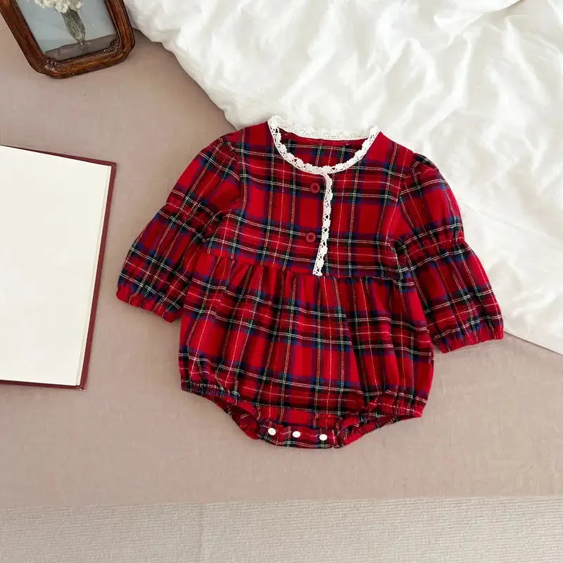 Red Plaid Baby Romper with Lace Trim