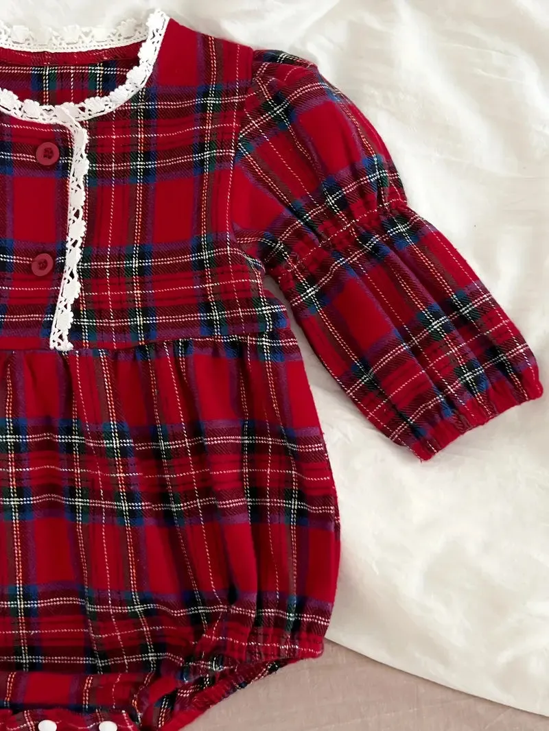 Red Plaid Baby Romper with Lace Trim