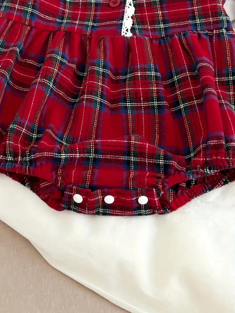 Red Plaid Baby Romper with Lace Trim