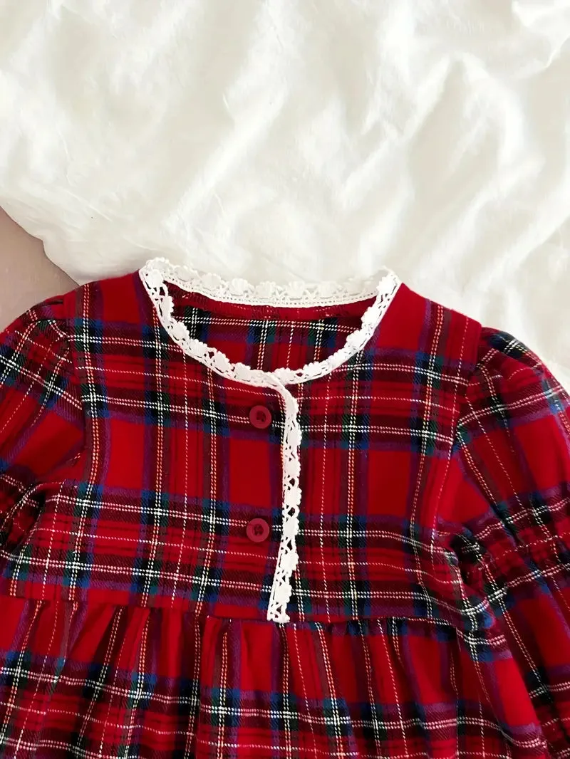 Red Plaid Baby Romper with Lace Trim