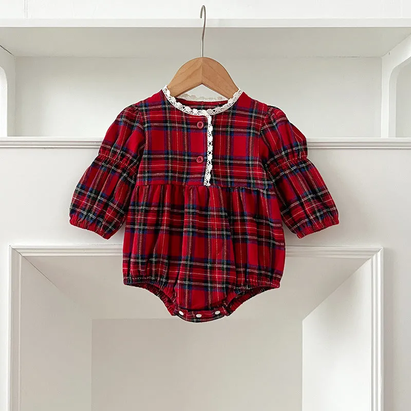 Red Plaid Baby Romper with Lace Trim