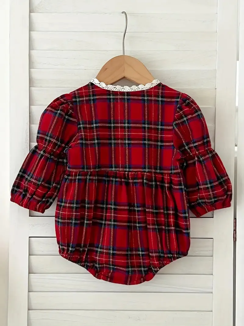 Red Plaid Baby Romper with Lace Trim