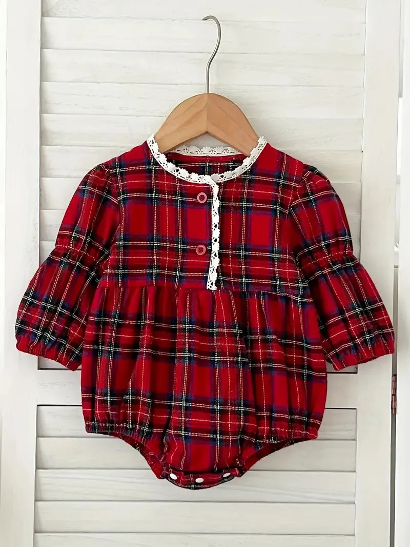 Red Plaid Baby Romper with Lace Trim