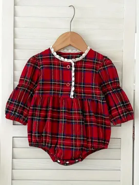 Red Plaid Baby Romper with Lace Trim
