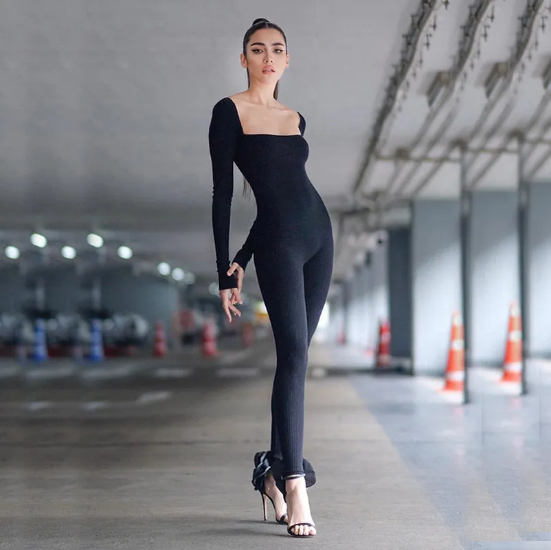 Ribbed Square Collar Jumpsuit