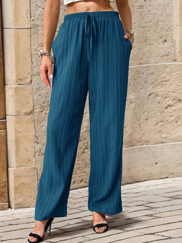 Ribbed Trousers - Women's Straight-Leg Pants with Handy Pockets