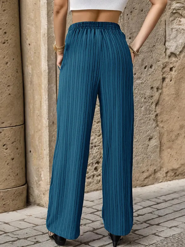 Ribbed Trousers - Women's Straight-Leg Pants with Handy Pockets