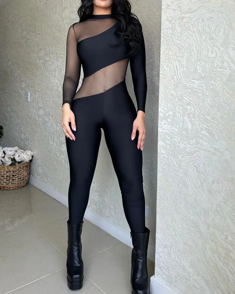 Schwarzer enganliegender Netz-Jumpsuit