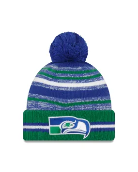 Seattle Seahawks Alt New Era 2021 NFL Sideline - Sport Official Pom Cuffed Knit Hat - Neon/Navy