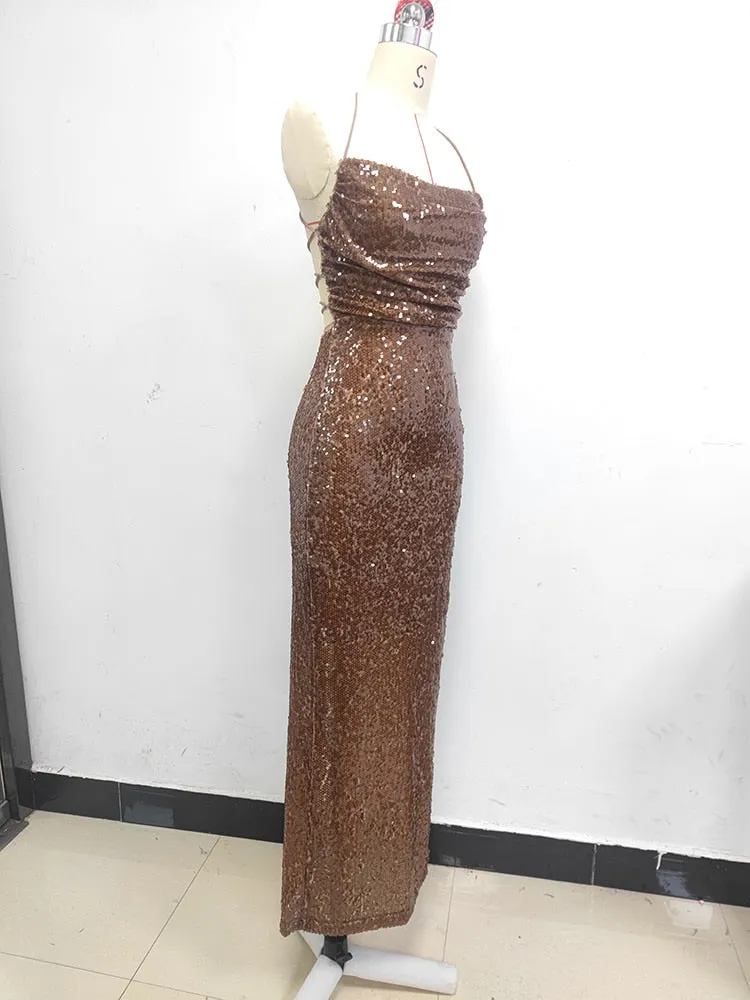 Sequin Strappy Open Back Maxi Dress