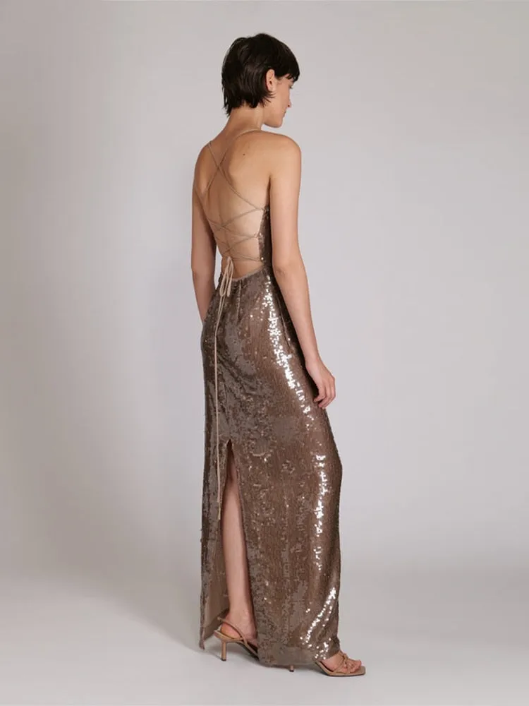 Sequin Strappy Open Back Maxi Dress