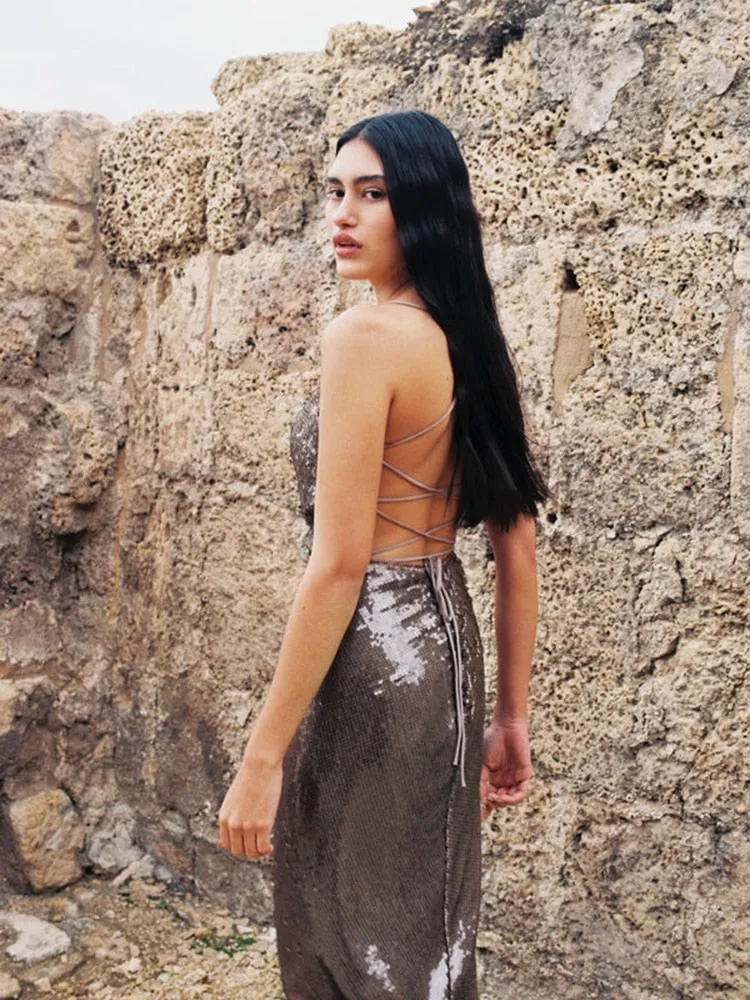 Sequin Strappy Open Back Maxi Dress
