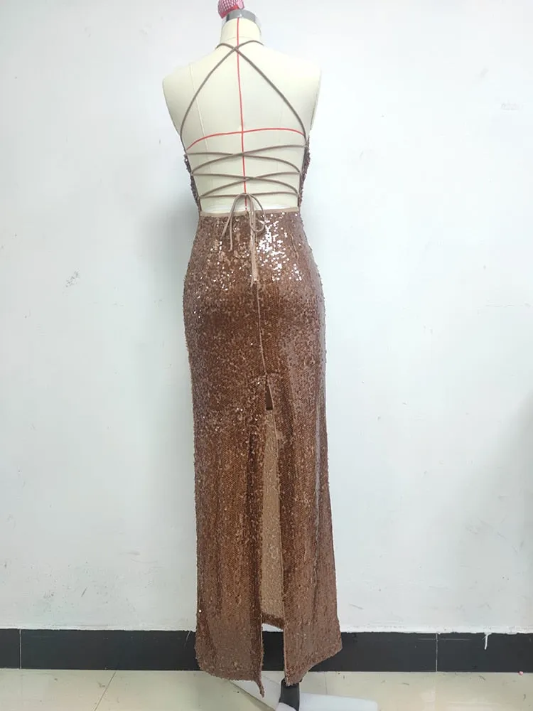 Sequin Strappy Open Back Maxi Dress