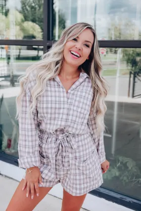 Simple Life Plaid Pocketed Romper - Grey