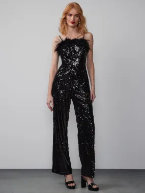 Sleeveless Feather Trim Matte Sequin Jumpsuit