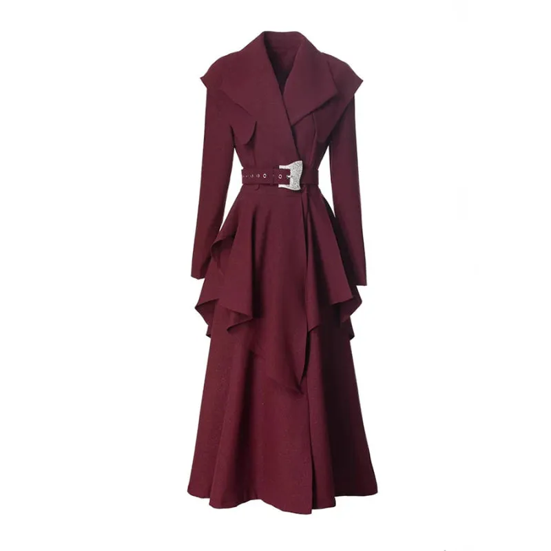 Solid Color Rhinestone Studded Belt And Collar Pleated Trench Coat