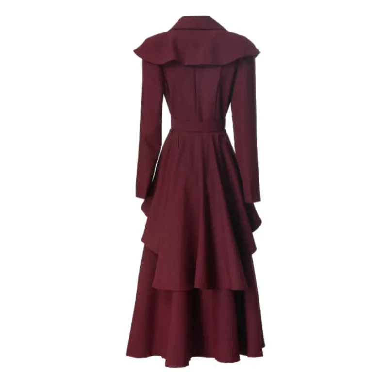 Solid Color Rhinestone Studded Belt And Collar Pleated Trench Coat
