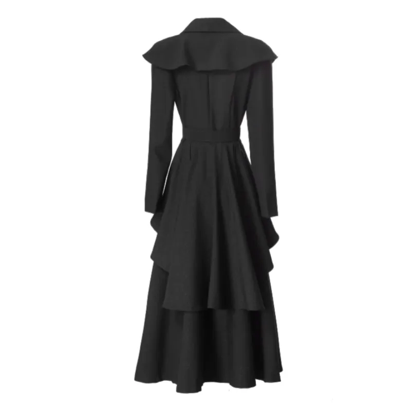 Solid Color Rhinestone Studded Belt And Collar Pleated Trench Coat
