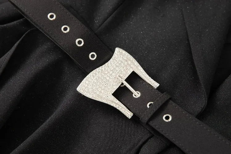 Solid Color Rhinestone Studded Belt And Collar Pleated Trench Coat