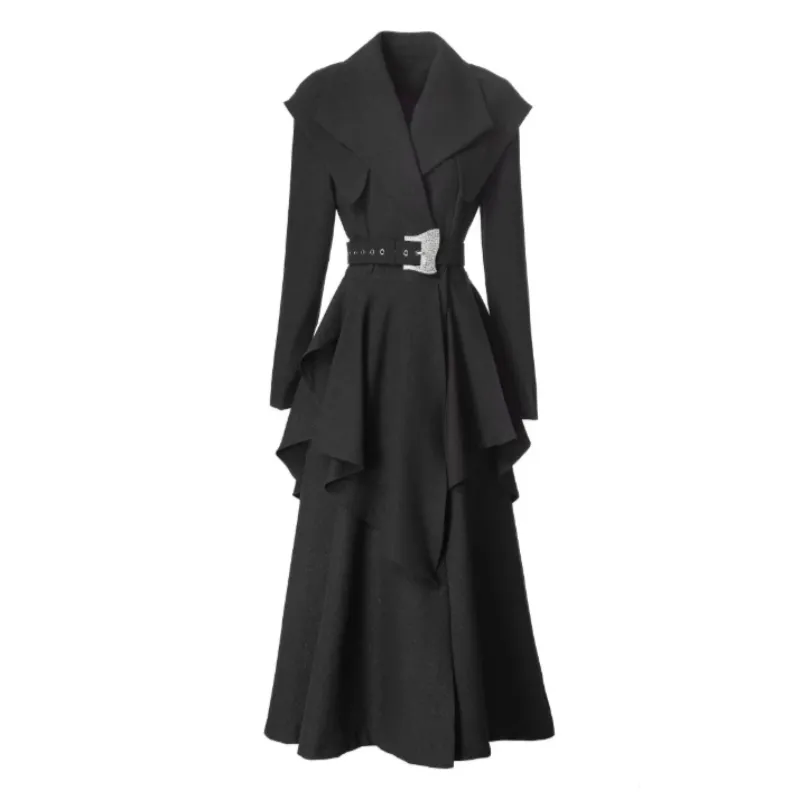 Solid Color Rhinestone Studded Belt And Collar Pleated Trench Coat