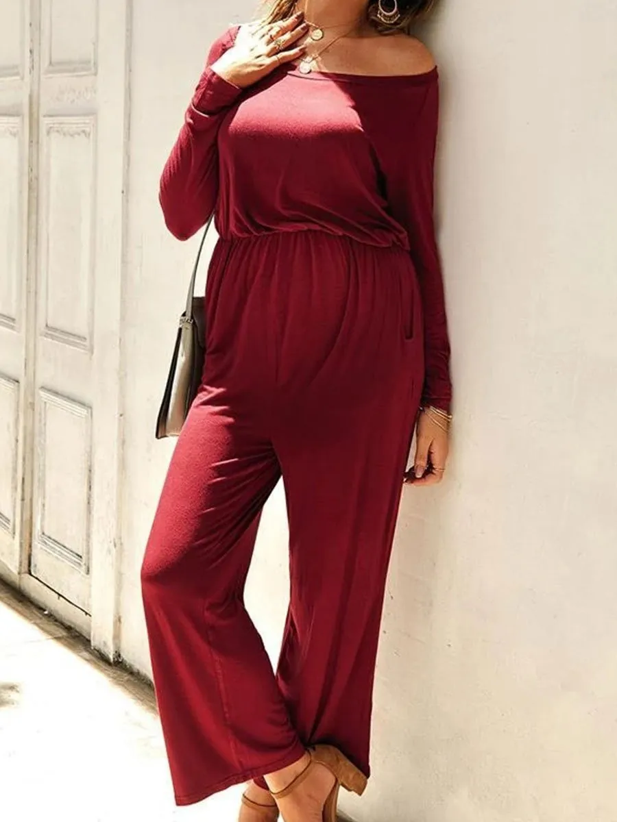 Solid Color Shoulder Movement Maternity Jumpsuit