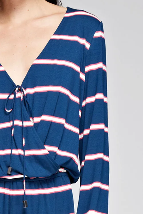 Striped Knit Wrap Front Long Sleeve Romper