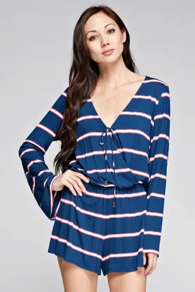 Striped Knit Wrap Front Long Sleeve Romper