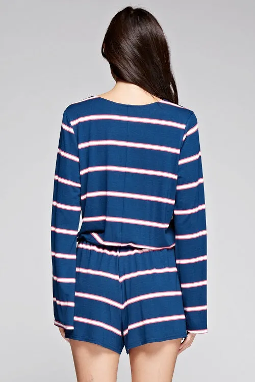 Striped Knit Wrap Front Long Sleeve Romper