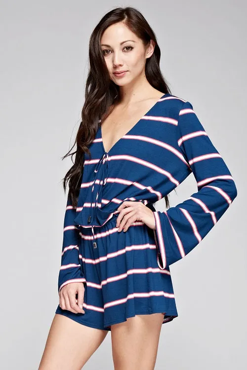 Striped Knit Wrap Front Long Sleeve Romper