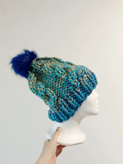 Super chunky faux fur pompom slouchy hat | knit cable winter beanie | cozy warm knit hat | blue red pink colour hat