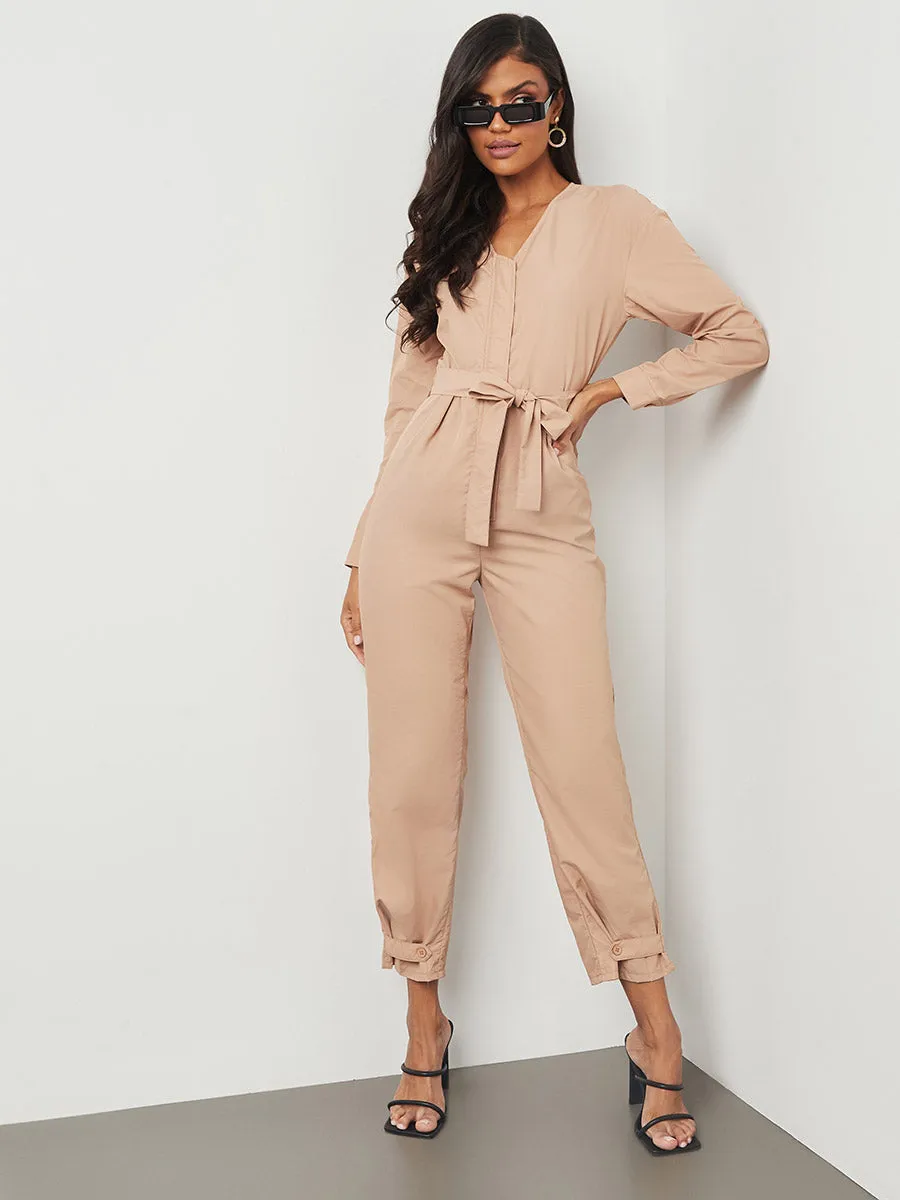 V Neck 3/4 Sleeves Straight Leg Jumpsuit with Placket Detail FD