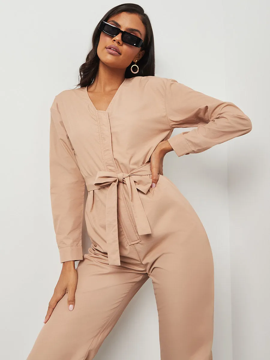 V Neck 3/4 Sleeves Straight Leg Jumpsuit with Placket Detail FD