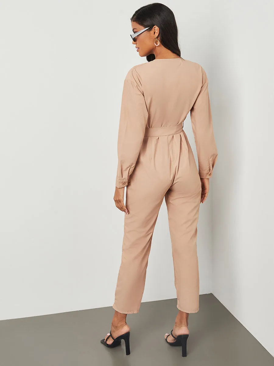 V Neck 3/4 Sleeves Straight Leg Jumpsuit with Placket Detail FD