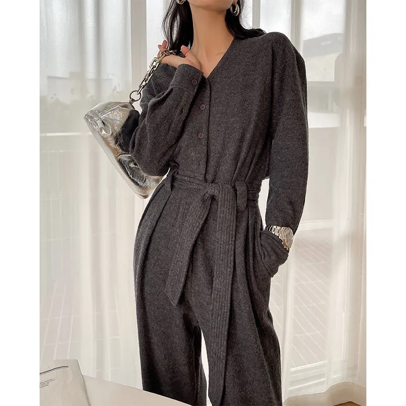 V-neck knitted wool drape wide-leg trouser jumpsuit - Mopai