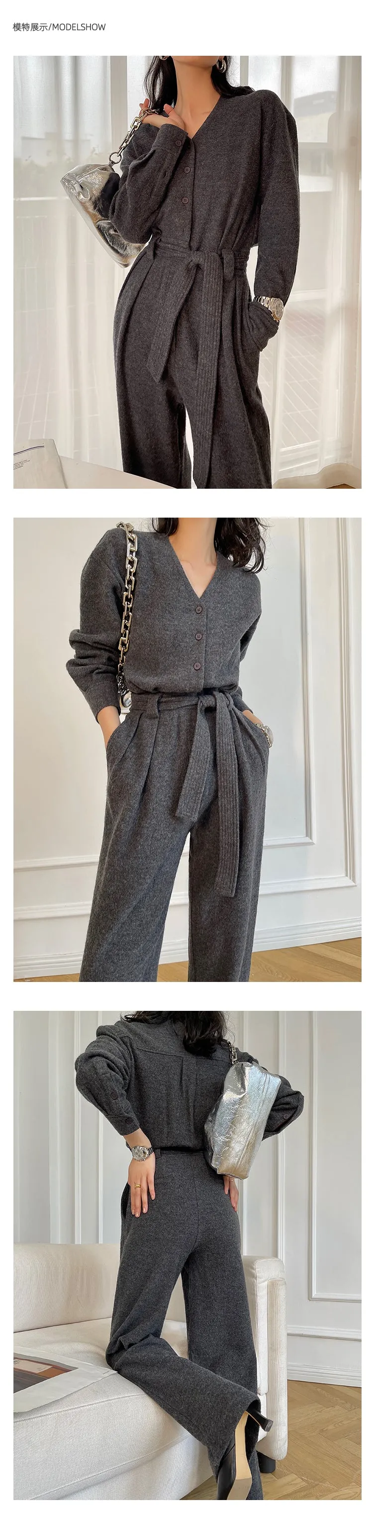 V-neck knitted wool drape wide-leg trouser jumpsuit - Mopai