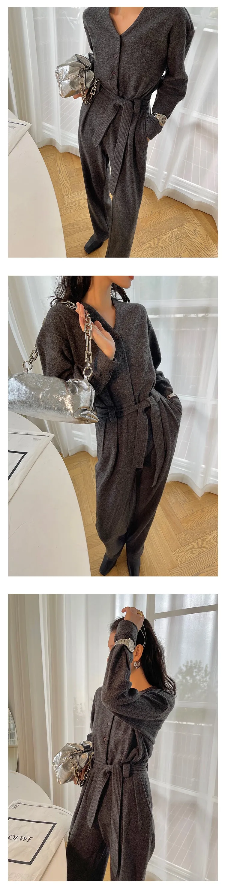 V-neck knitted wool drape wide-leg trouser jumpsuit - Mopai