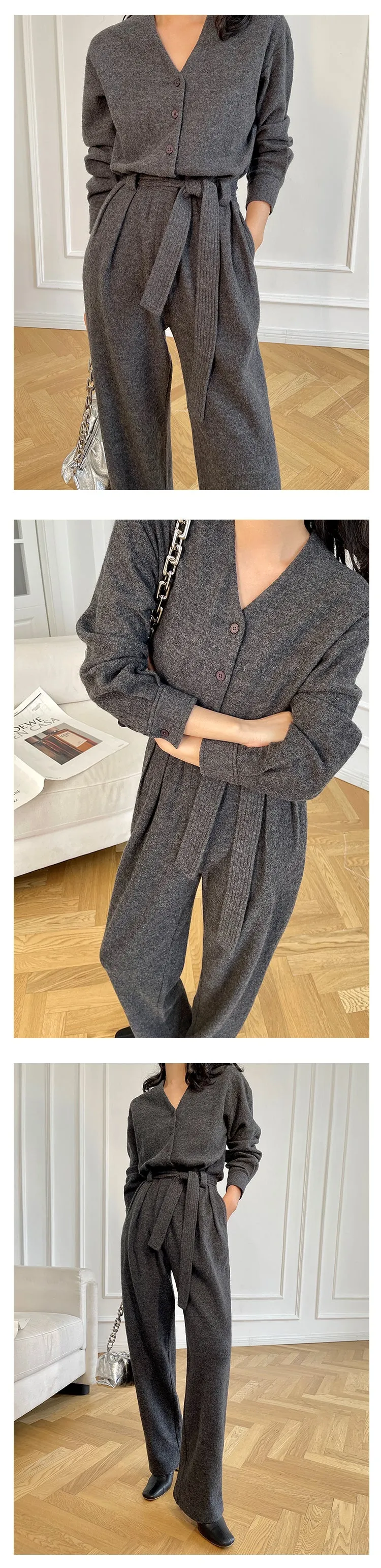 V-neck knitted wool drape wide-leg trouser jumpsuit - Mopai