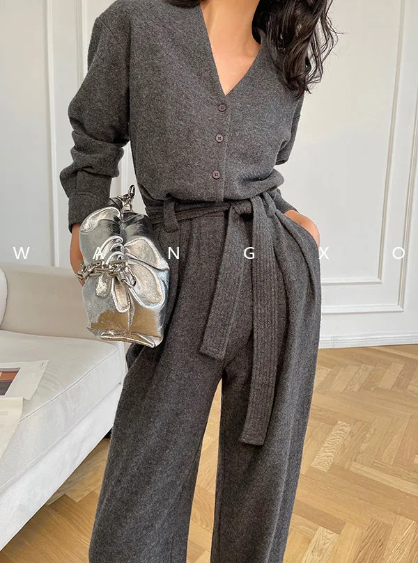 V-neck knitted wool drape wide-leg trouser jumpsuit - Mopai