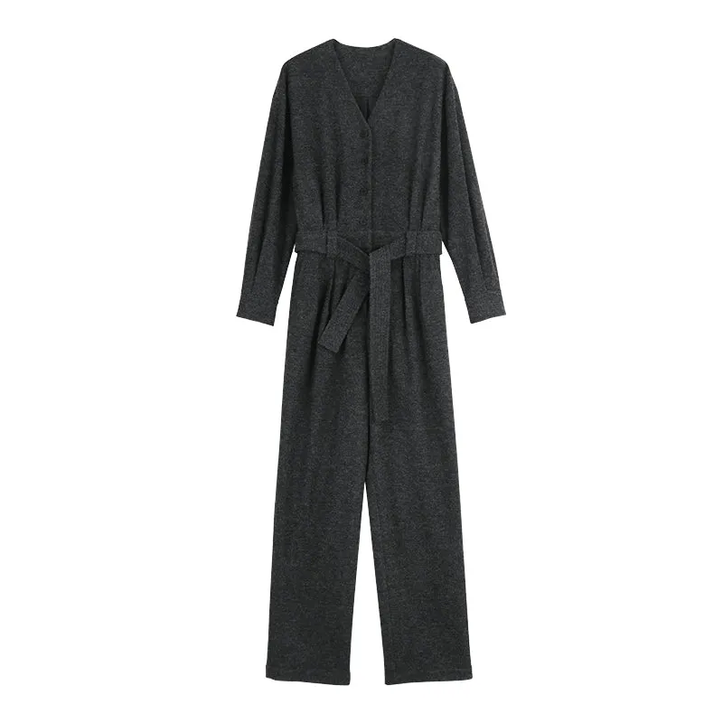 V-neck knitted wool drape wide-leg trouser jumpsuit - Mopai