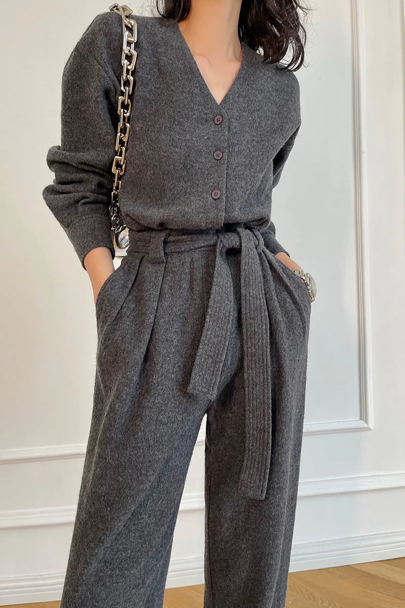 V-neck knitted wool drape wide-leg trouser jumpsuit - Mopai