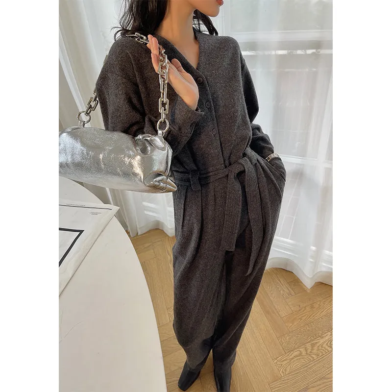 V-neck knitted wool drape wide-leg trouser jumpsuit - Mopai
