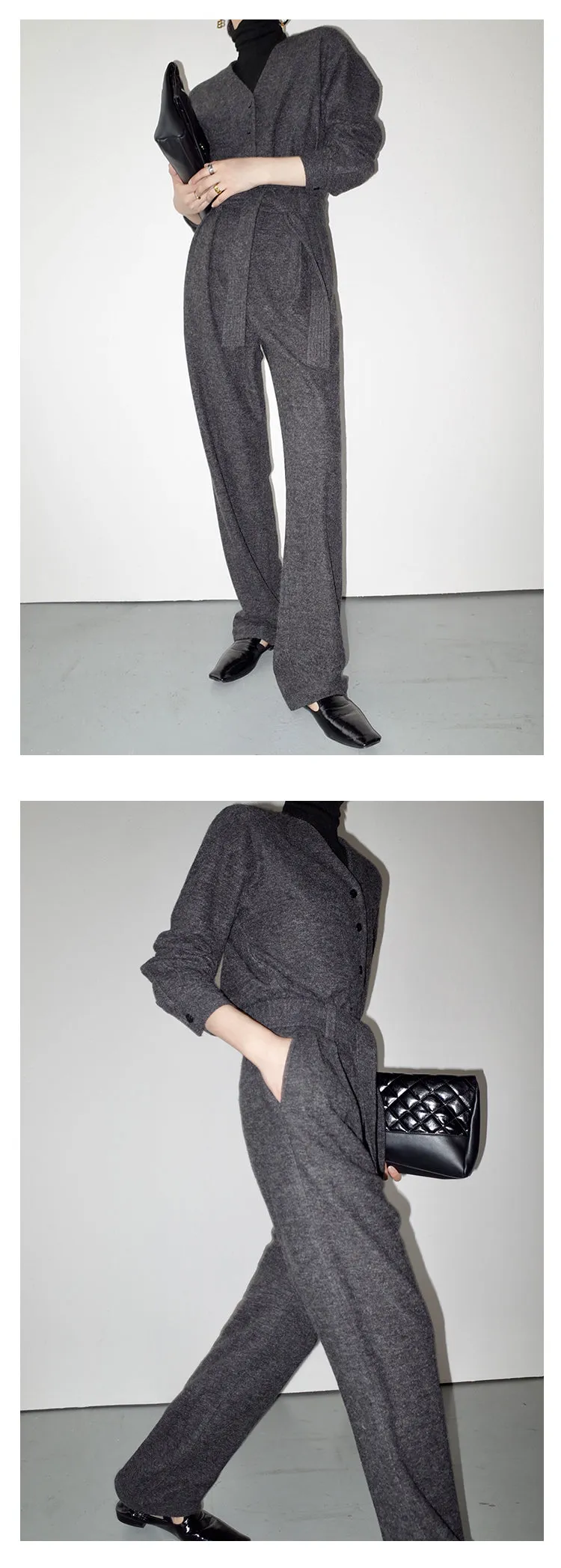 V-neck knitted wool drape wide-leg trouser jumpsuit - Mopai