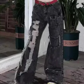 Vintage High Waist Pockets Ripped Straight Pants