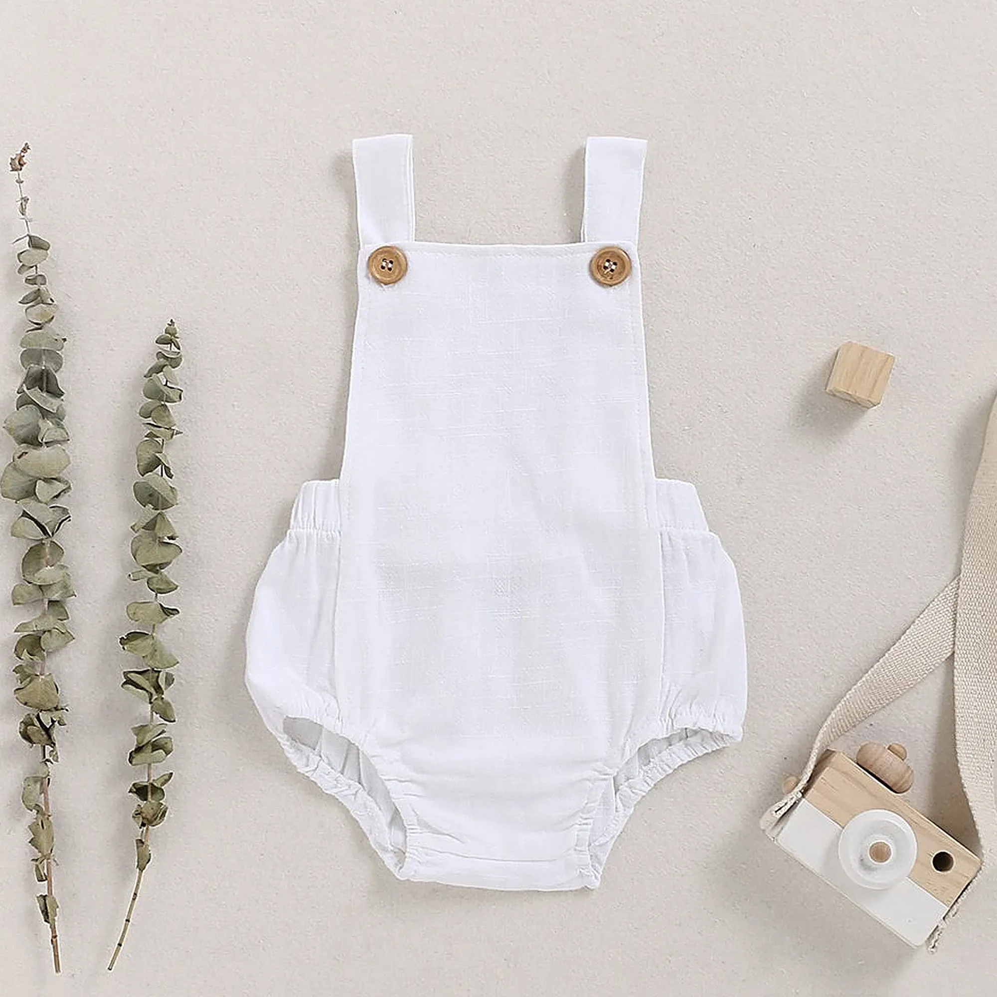 White Baby Boy Romper, First Birthday Smash Cake Outfit Boy, Newborn Linen Overalls