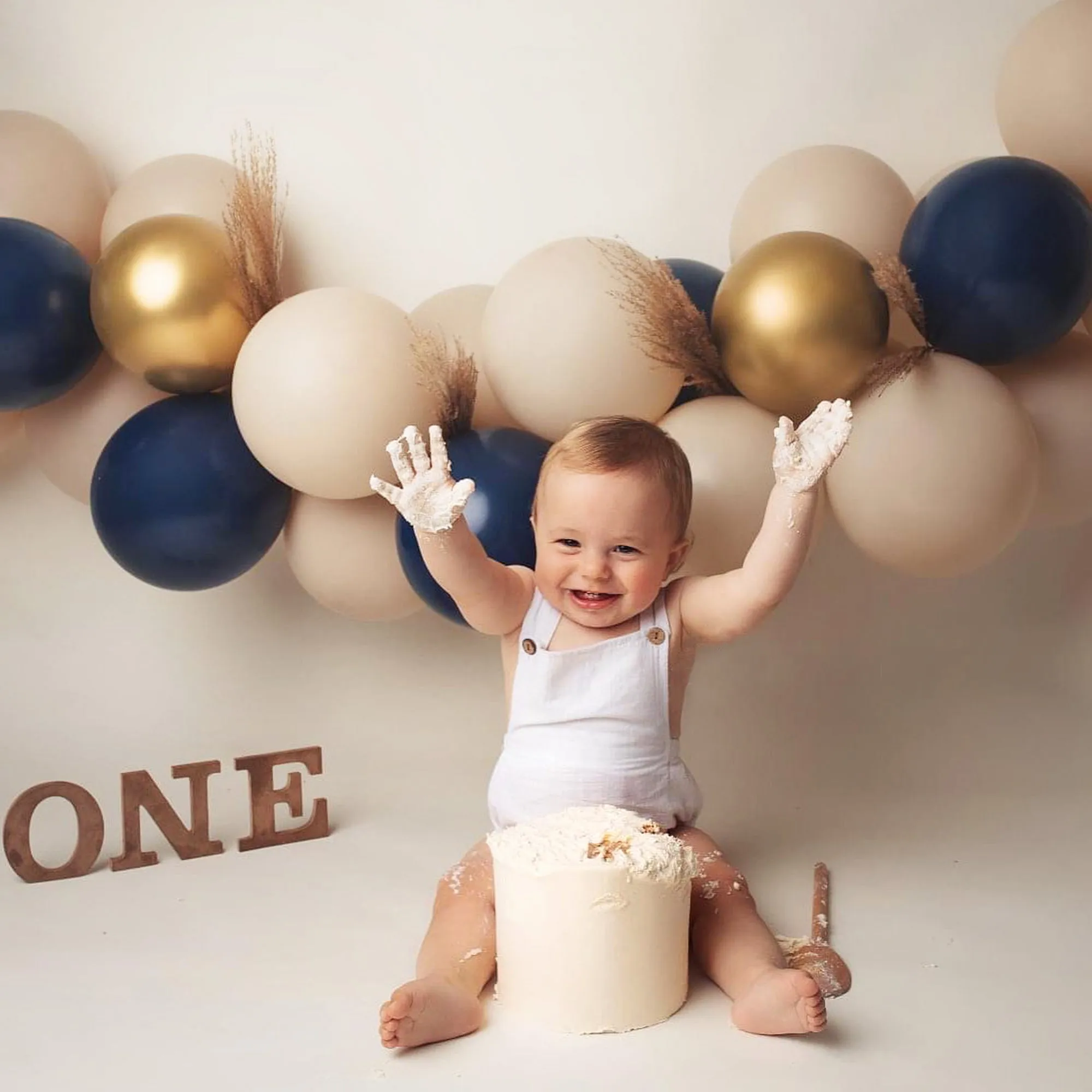 White Baby Boy Romper, First Birthday Smash Cake Outfit Boy, Newborn Linen Overalls