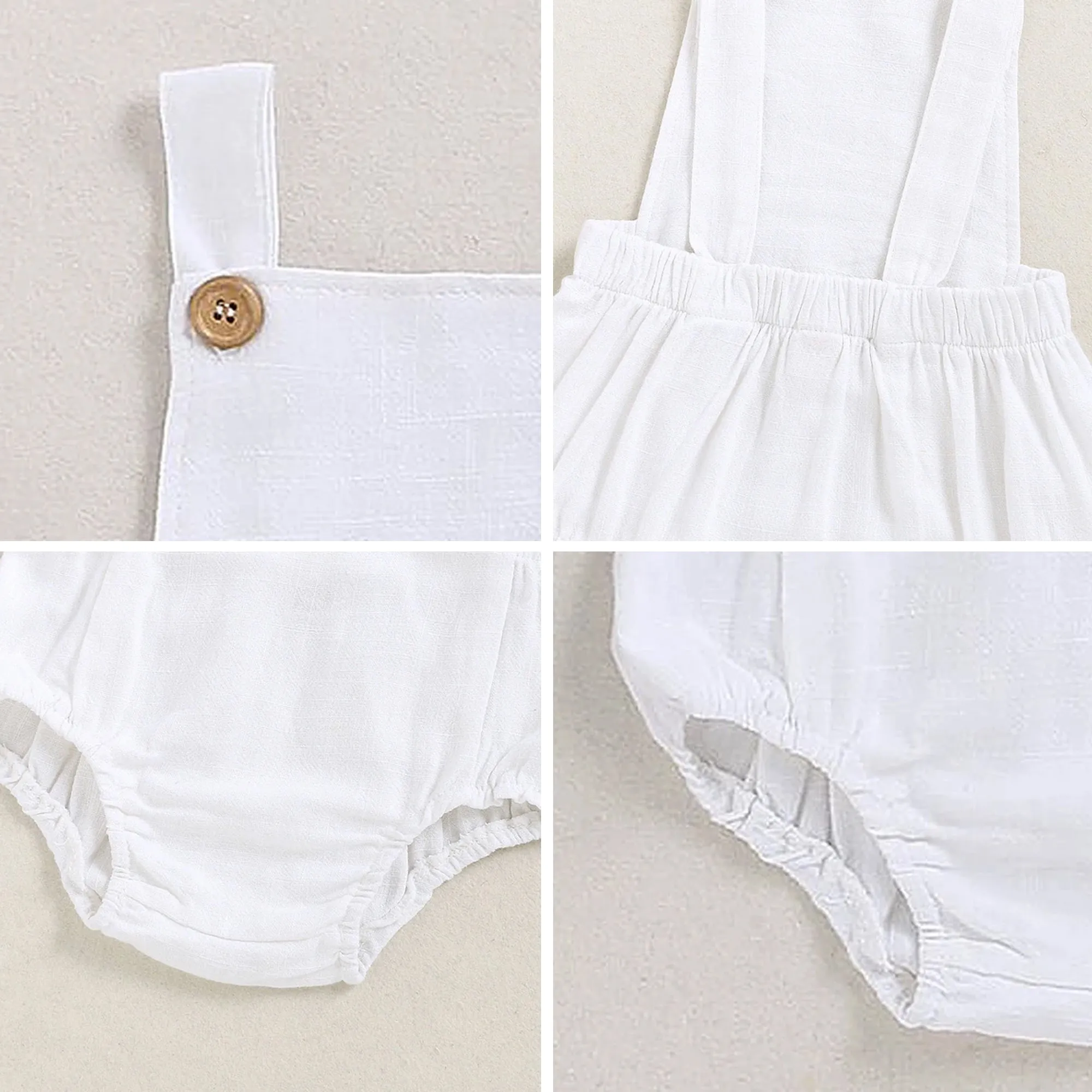 White Baby Boy Romper, First Birthday Smash Cake Outfit Boy, Newborn Linen Overalls